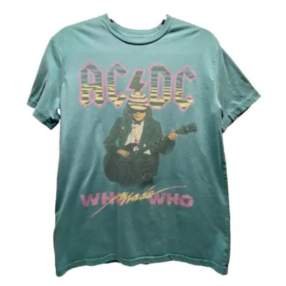 AC/DC Who Made Who Print Shirt Adult Small Aqua Multicolor 80’s Retro Logo Tee - Picture 1 of 13